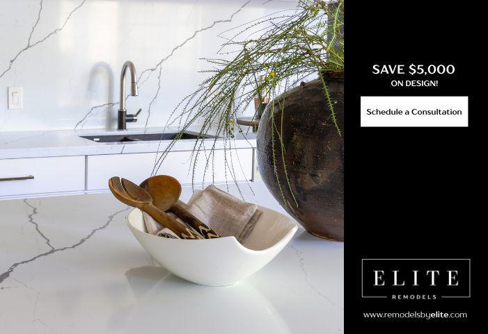 Professional kitchen design advertisement highlighting premium countertops, modern fixtures, and home remodeling services from Elite Remodels